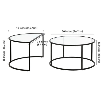 Set of Two 33" Black Glass And Steel Half Circle Nested Coffee Tables