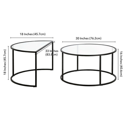 Set of Two Black Glass And Steel Half Circle Frame Nested Coffee Tables