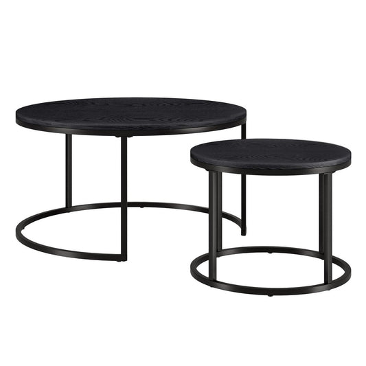 Set of Two Black Wood And Steel Round Frame Nested Coffee Tables