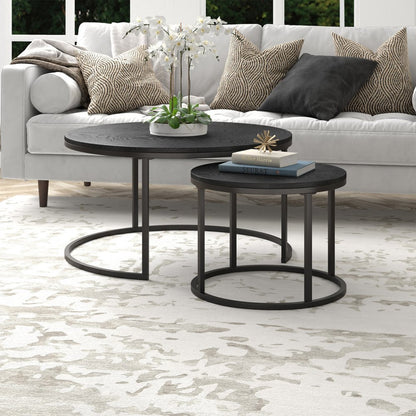 Set of Two Black Wood And Steel Round Frame Nested Coffee Tables