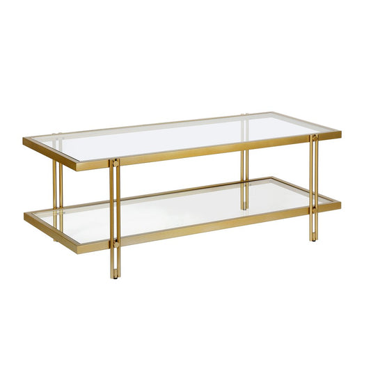 45" Gold Glass And Steel Coffee Table With Shelf