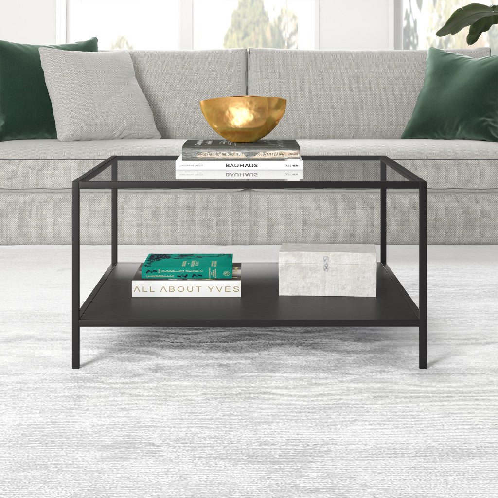 32" Black Glass And Steel Square Coffee Table With Shelf