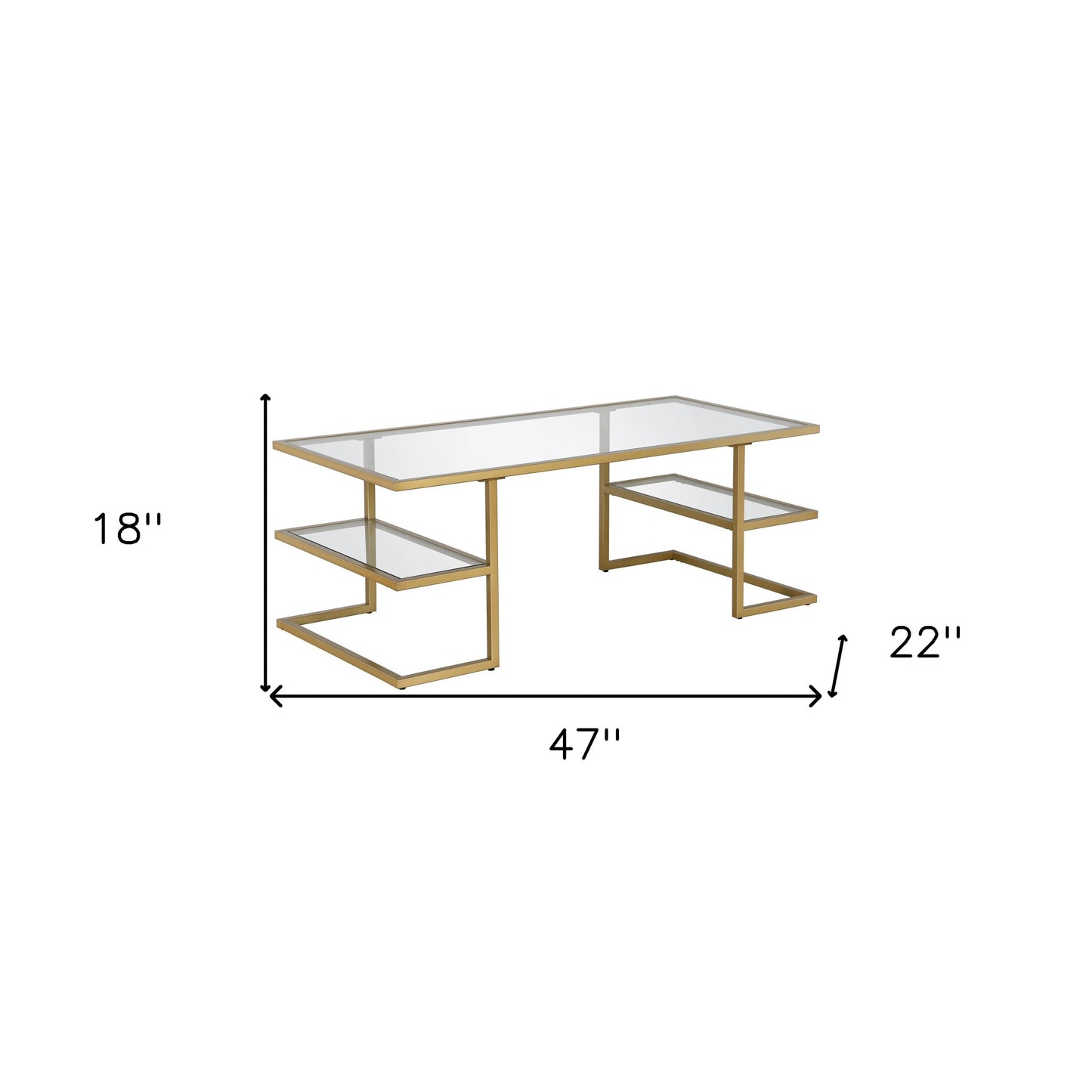 47" Gold Glass And Steel Coffee Table With Two Shelves