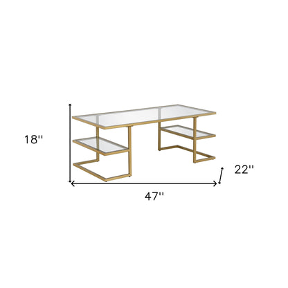 47" Gold Glass And Steel Coffee Table With Two Shelves