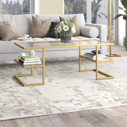 47" Gold Glass And Steel Coffee Table With Two Shelves