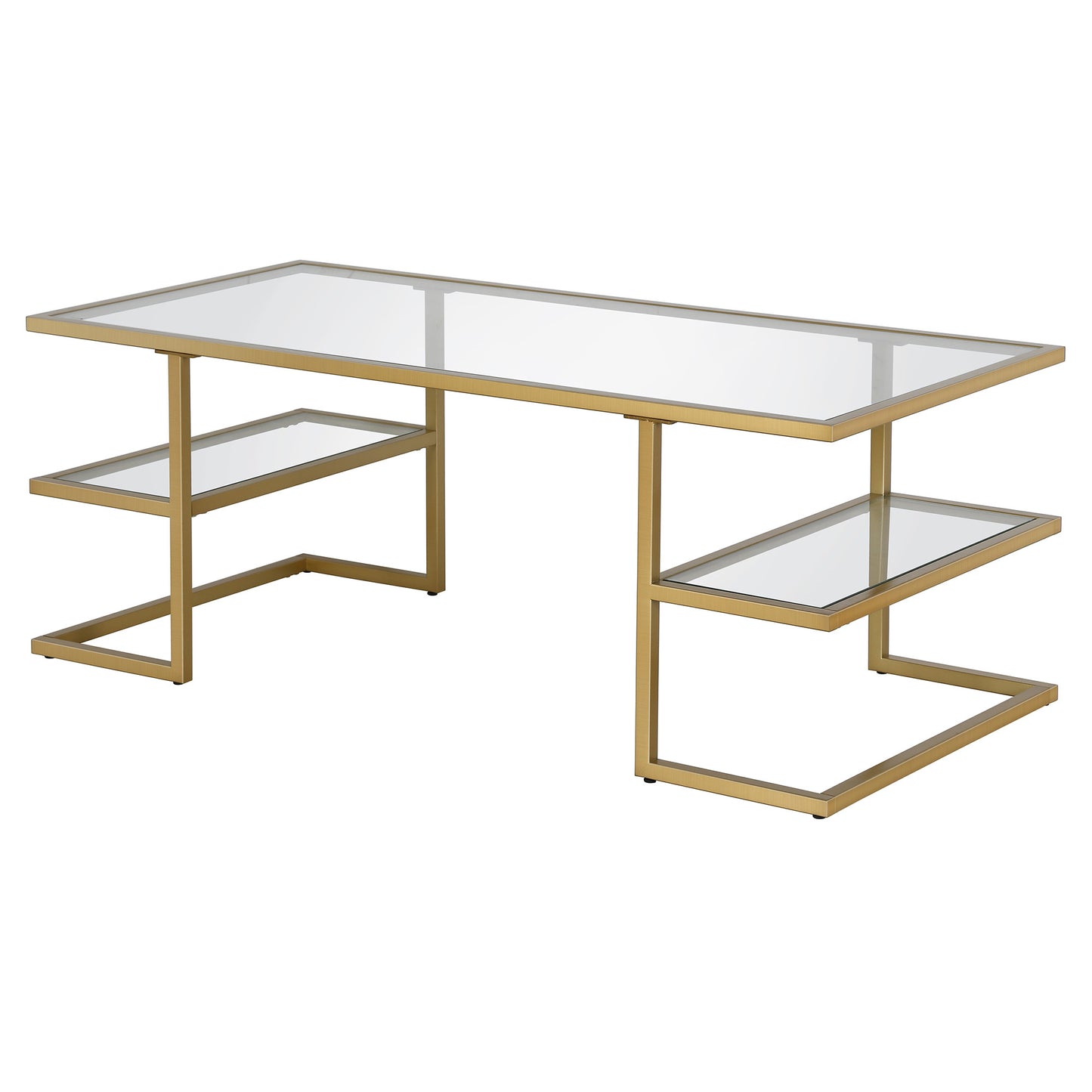 47" Gold Glass And Steel Coffee Table With Two Shelves