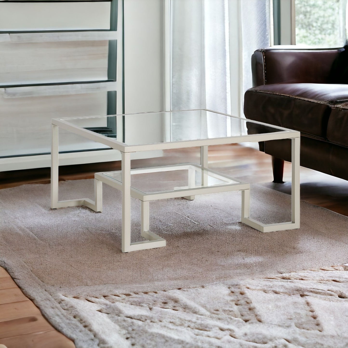 32" Silver Glass And Steel Square Coffee Table With Shelf