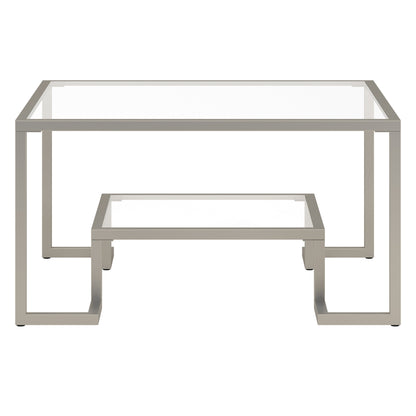 32" Silver Glass And Steel Square Coffee Table With Shelf