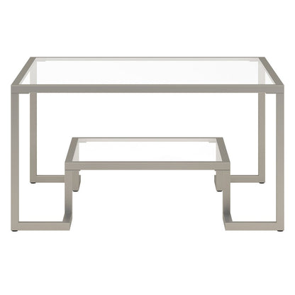 32" Silver Glass And Steel Square Coffee Table With Shelf