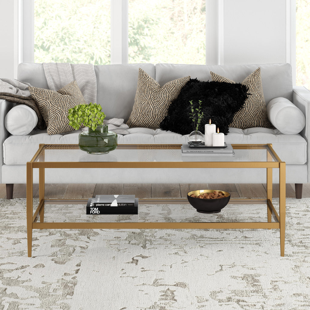 45" Clear And Antiqued Brass Glass And Metal Coffee Table With Shelf