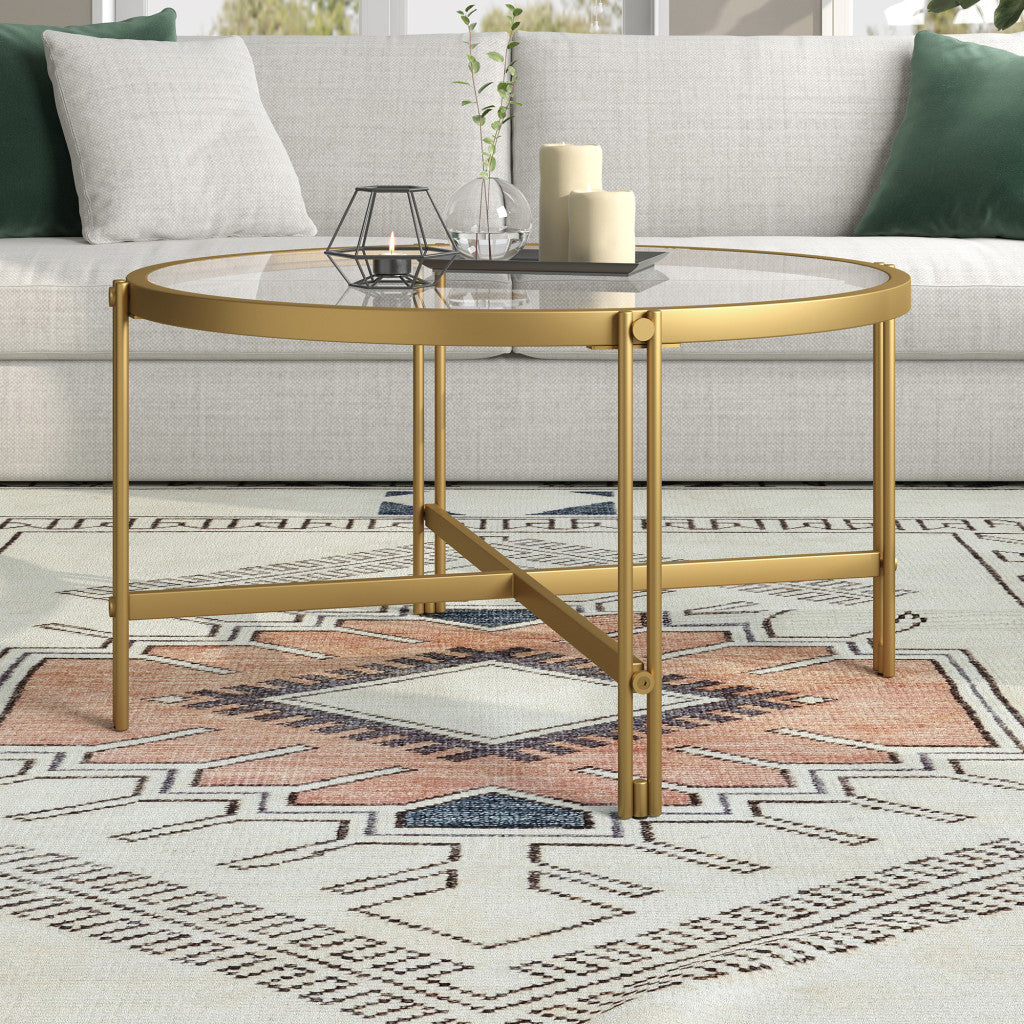 32" Gold Glass And Steel Round Coffee Table