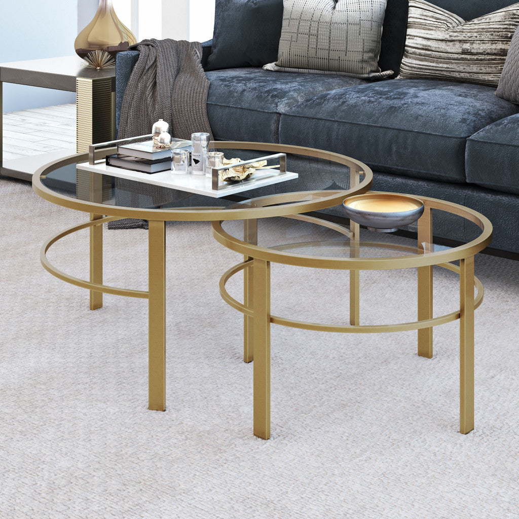 Set of Two 36" Gold Glass And Steel Round Nested Coffee Tables