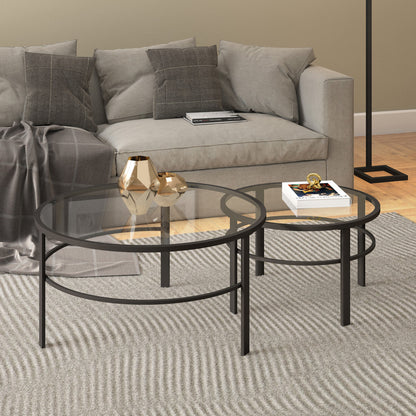 Set of Two 36" Clear And Black Glass And Steel Round Nested Coffee Tables