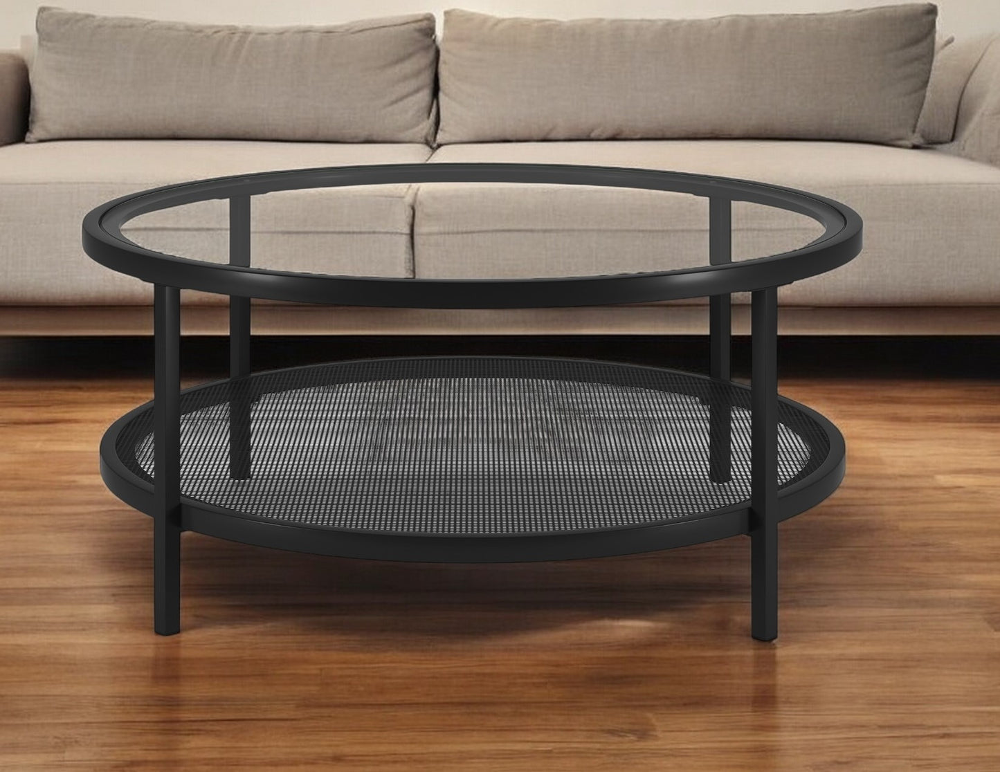 36" Black Glass And Steel Round Coffee Table With Shelf