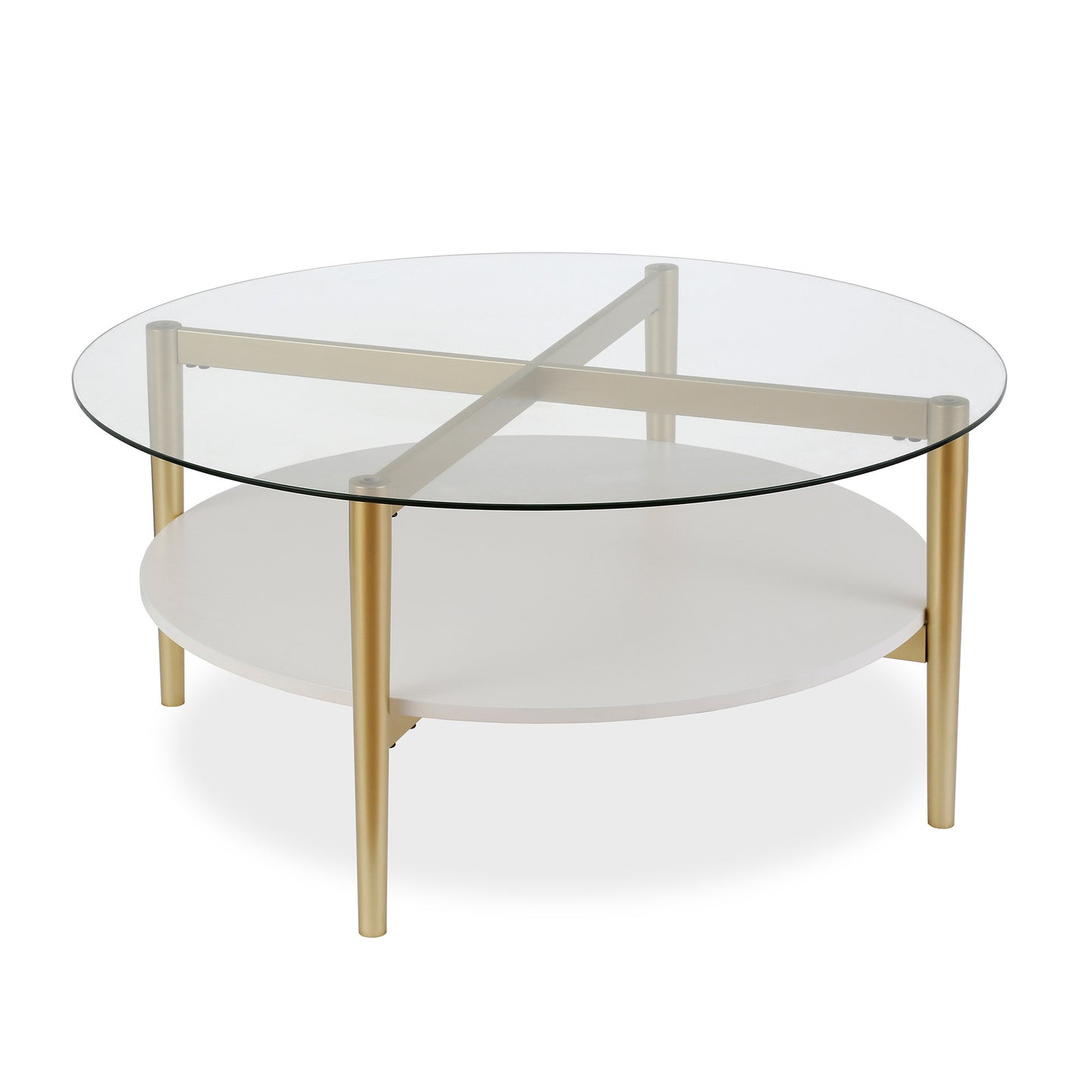 36" Clear And Gold Glass And Steel Round Coffee Table With Shelf