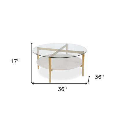 36" Clear And Gold Glass And Steel Round Coffee Table With Shelf