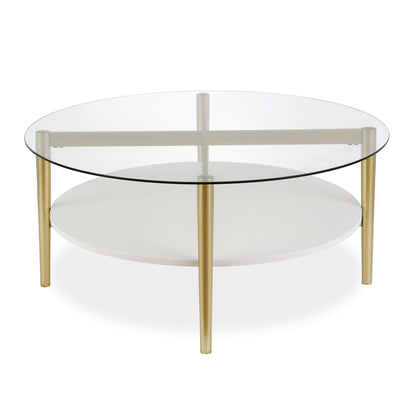 36" Clear And Gold Glass And Steel Round Coffee Table With Shelf