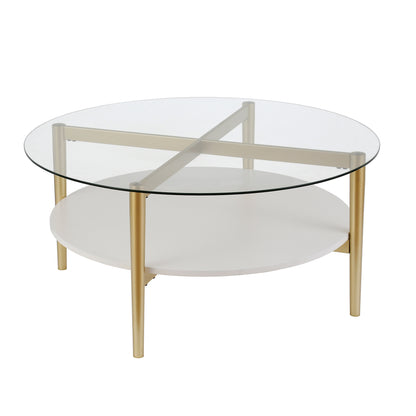 36" Clear And Gold Glass And Steel Round Coffee Table With Shelf