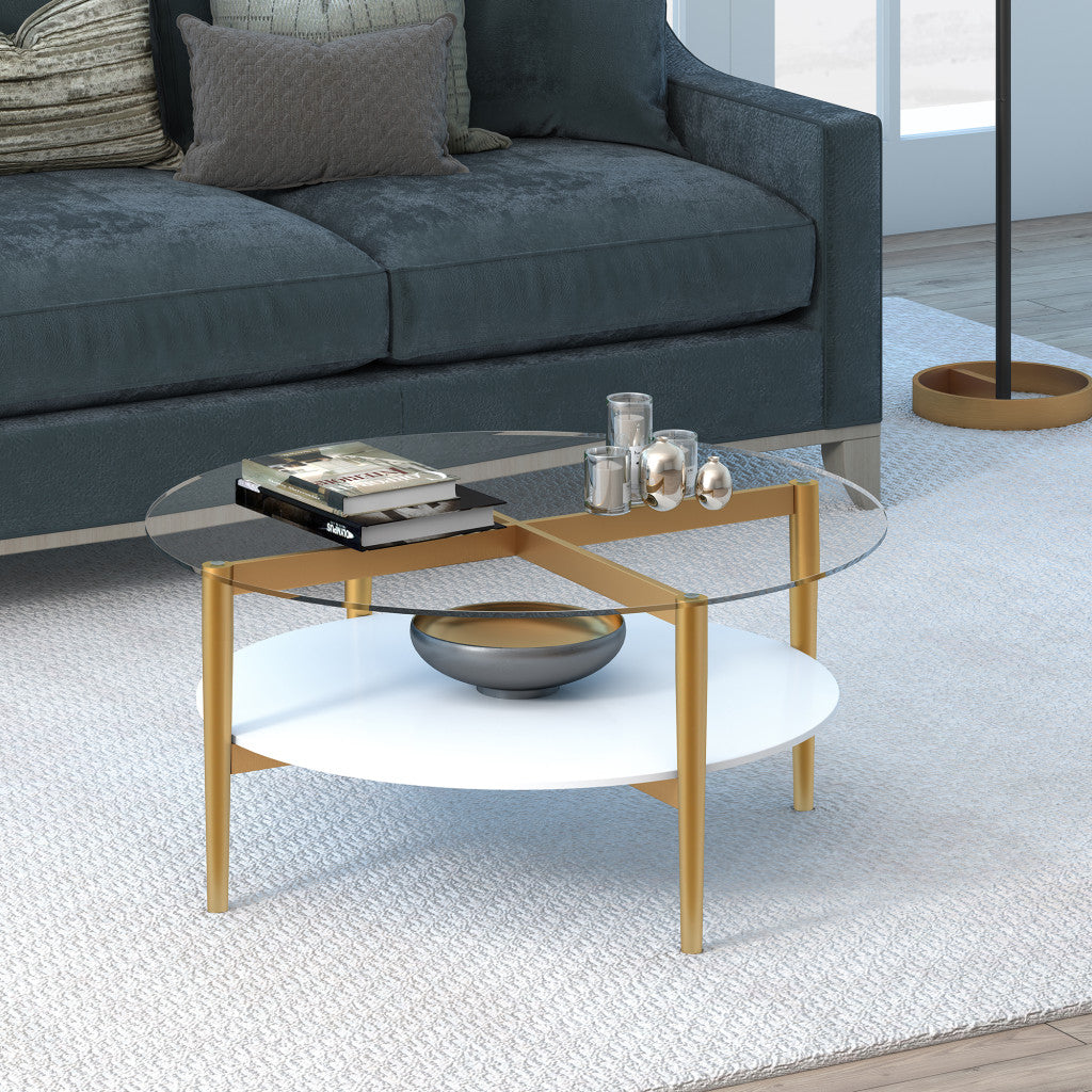 36" Clear And Gold Glass And Steel Round Coffee Table With Shelf