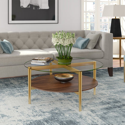 36" Gold Glass And Steel Round Coffee Table With Shelf