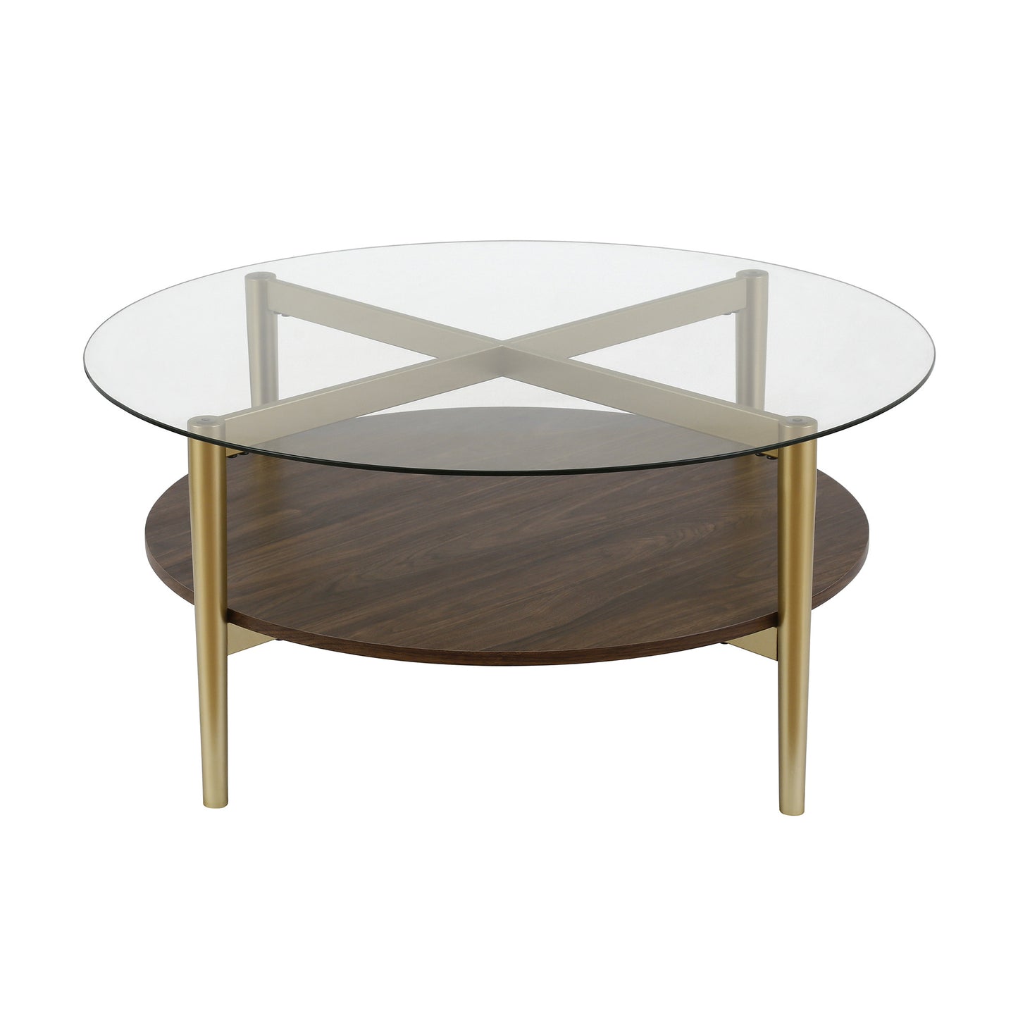 36" Gold Glass And Steel Round Coffee Table With Shelf