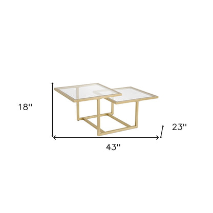 43" Gold Glass And Steel Square Coffee Table With Two Shelves