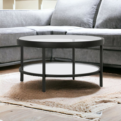 32" Clear And Black Glass And Steel Round Coffee Table With Shelf