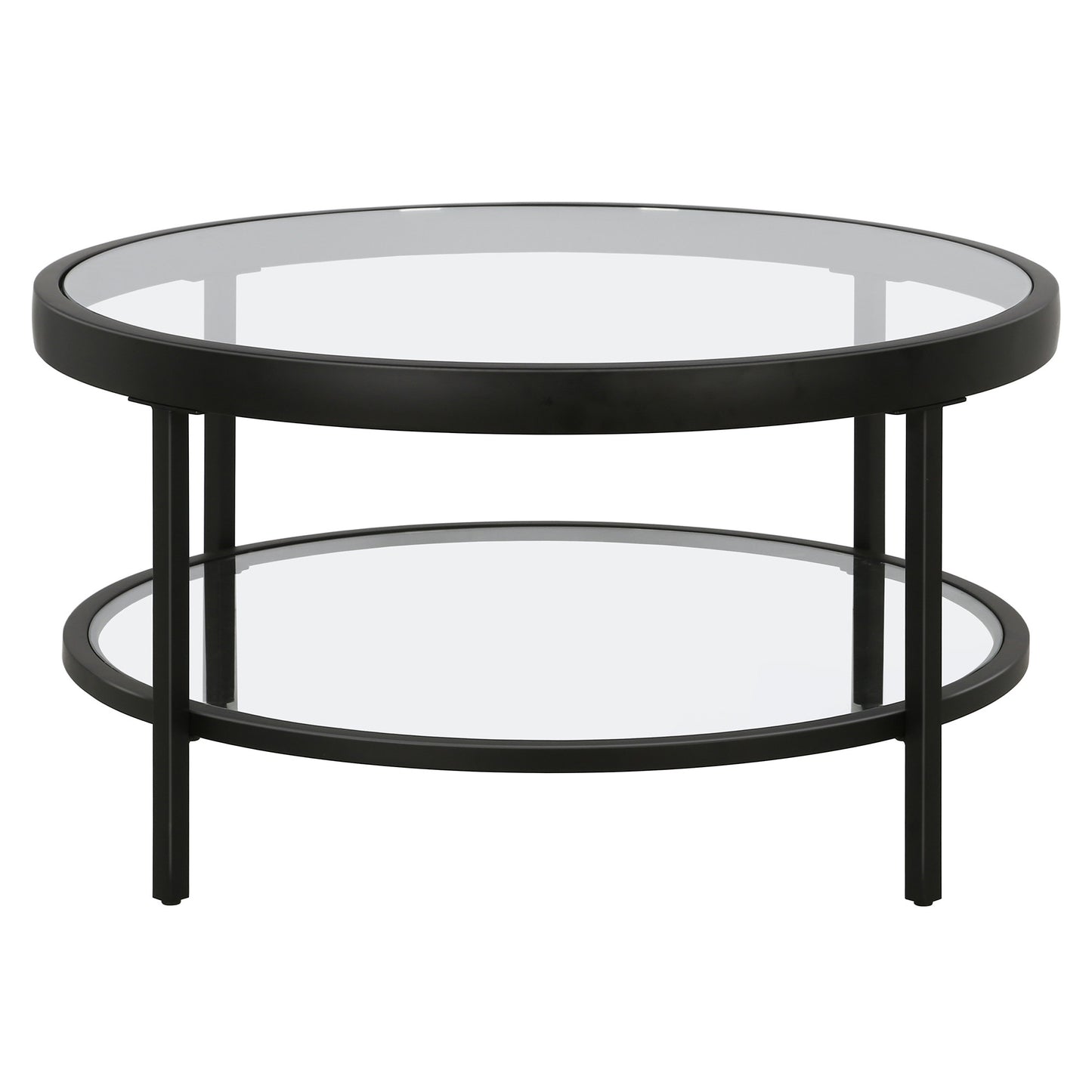 32" Clear And Black Glass And Steel Round Coffee Table With Shelf