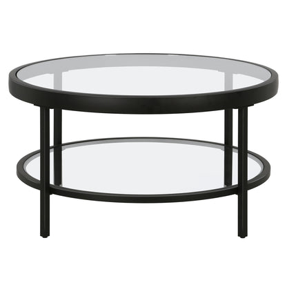 32" Clear And Black Glass And Steel Round Coffee Table With Shelf