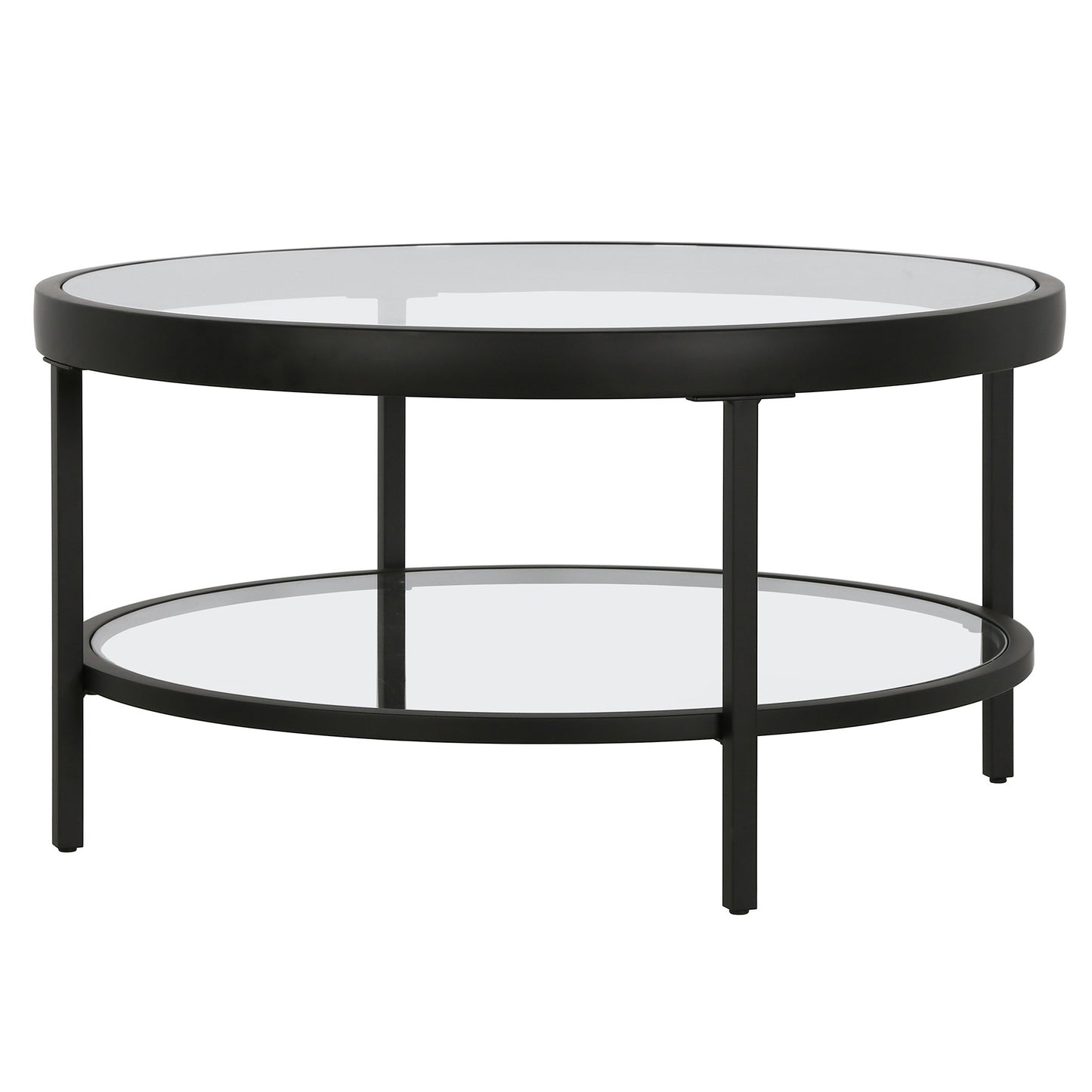 32" Clear And Black Glass And Steel Round Coffee Table With Shelf