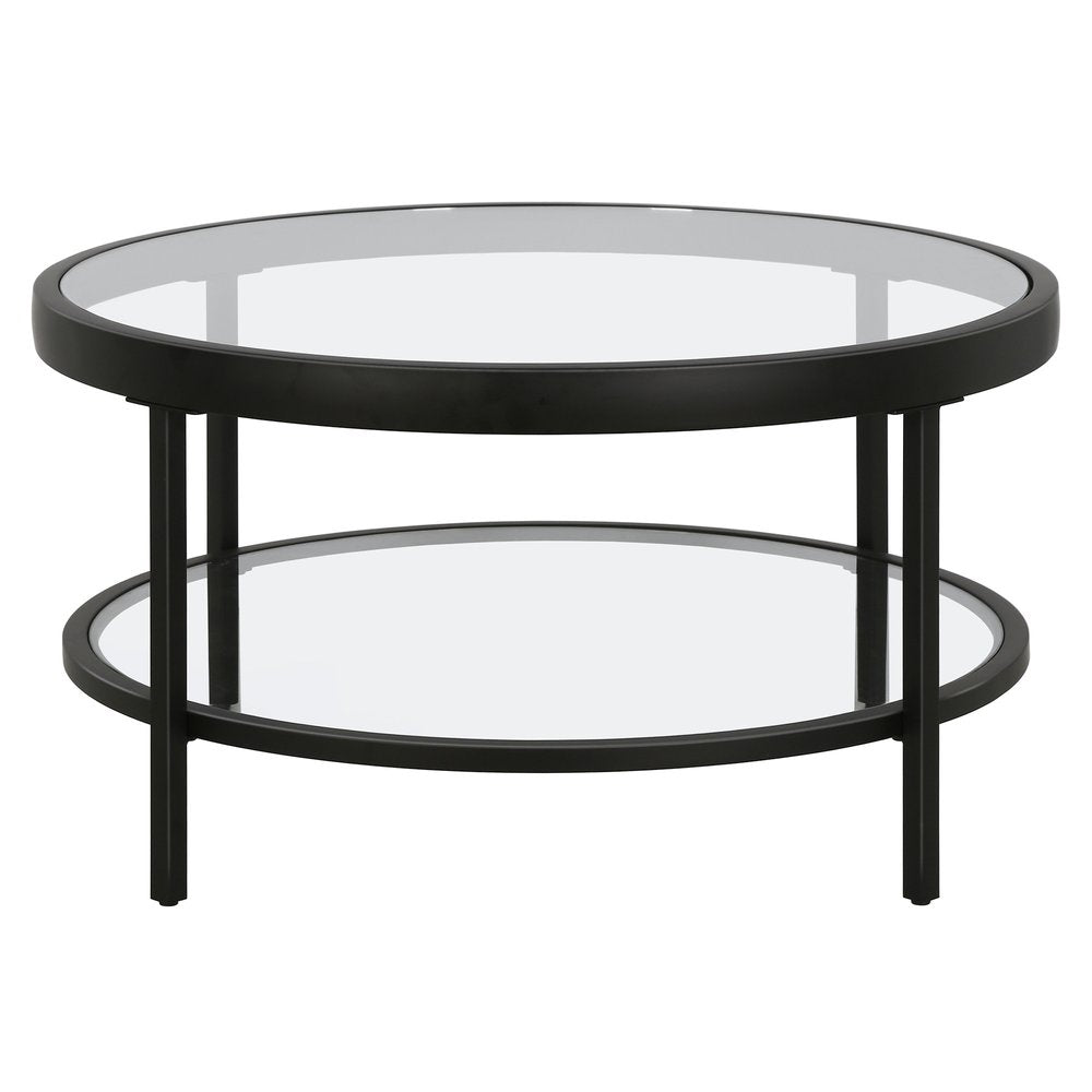 32" Clear And Black Glass And Steel Round Coffee Table With Shelf