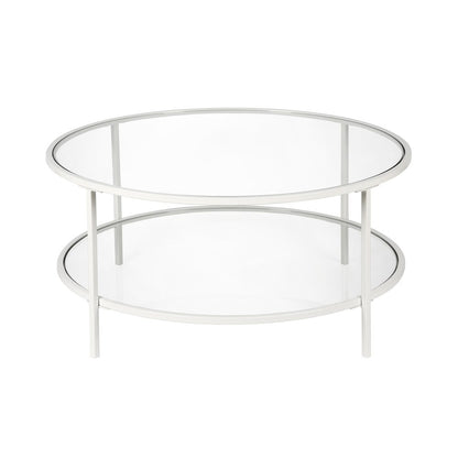 36" White Glass And Steel Round Coffee Table With Shelf