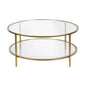 36" Gold Glass And Steel Round Coffee Table With Shelf