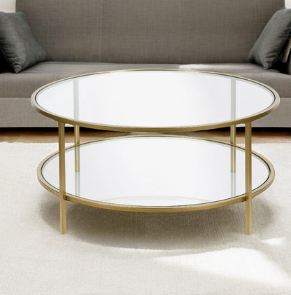 36" Gold Glass And Steel Round Coffee Table With Shelf