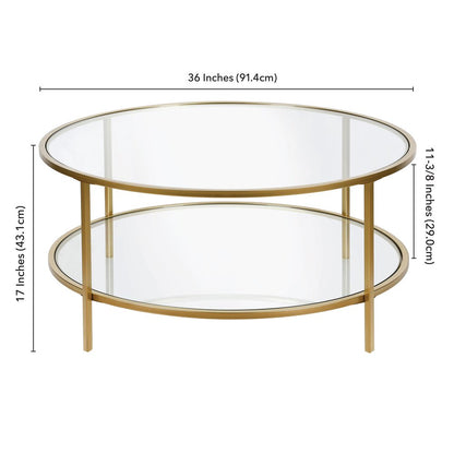 36" Gold Glass And Steel Round Coffee Table With Shelf