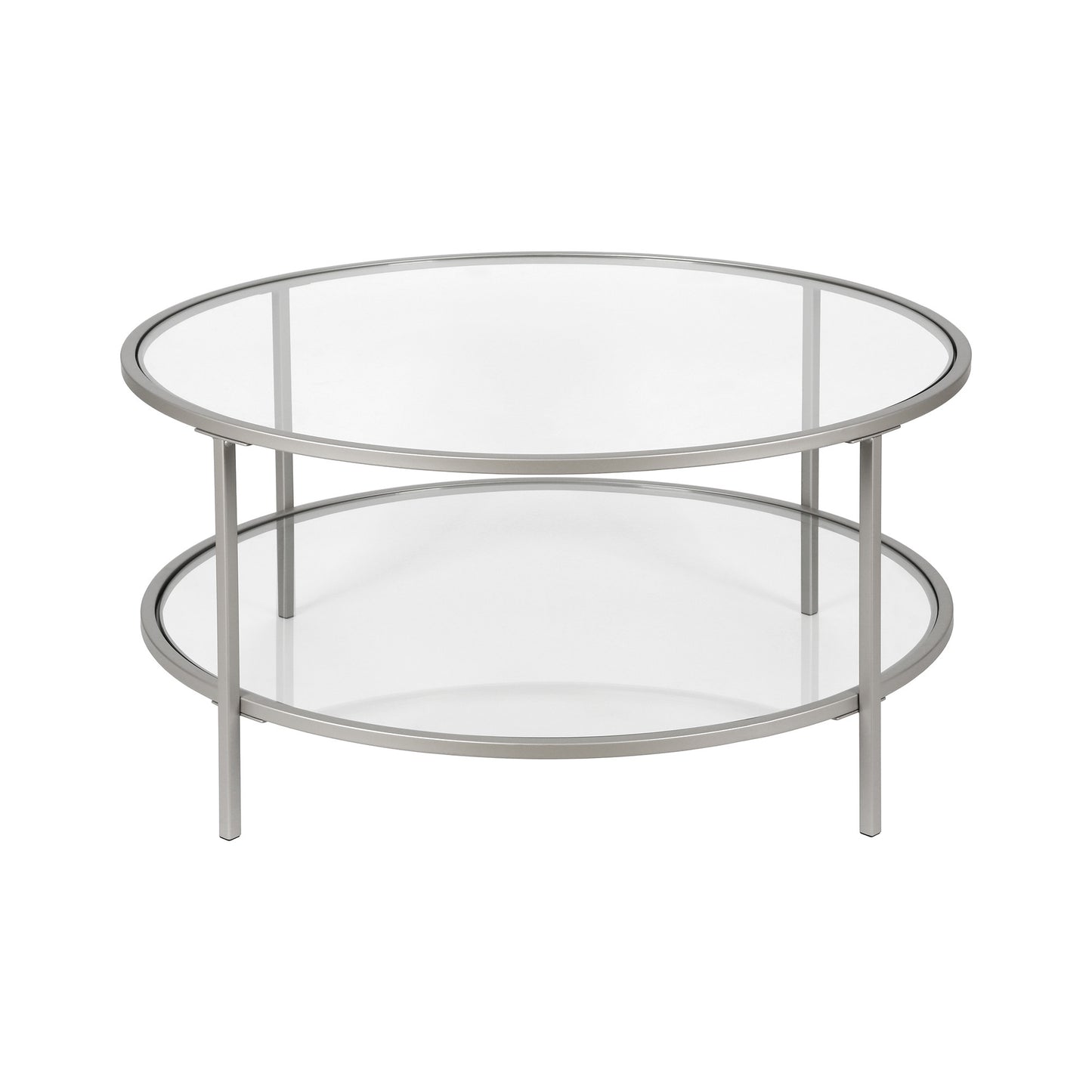 36" Silver Glass And Steel Round Coffee Table With Shelf