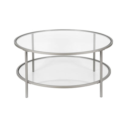 36" Silver Glass And Steel Round Coffee Table With Shelf