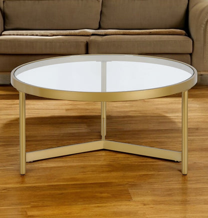 32" Gold Glass And Steel Round Coffee Table