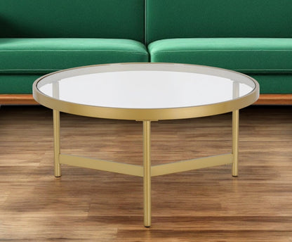 32" Gold Glass And Steel Round Coffee Table