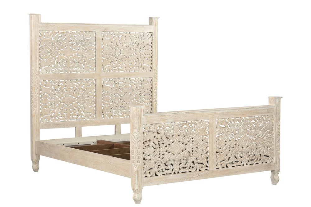 White Carved Floral Distressed Solid Wood Queen Bed Frame
