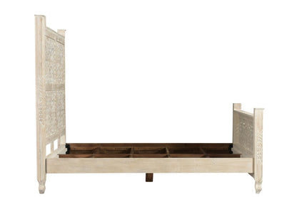 White Carved Floral Distressed Solid Wood Queen Bed Frame