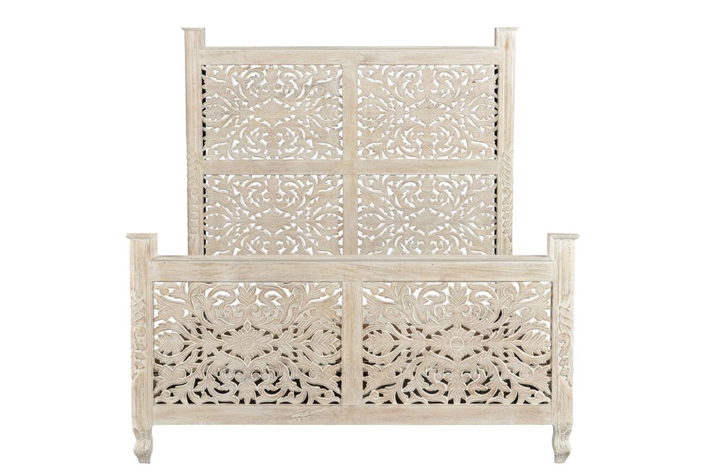 White Carved Floral Distressed Solid Wood Queen Bed Frame