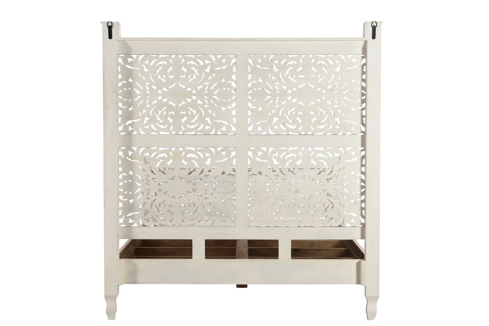 White Carved Floral Distressed Solid Wood Queen Bed Frame
