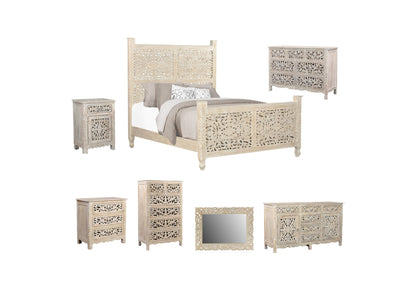 Distressed White Floral Carved Wood Queen Bed