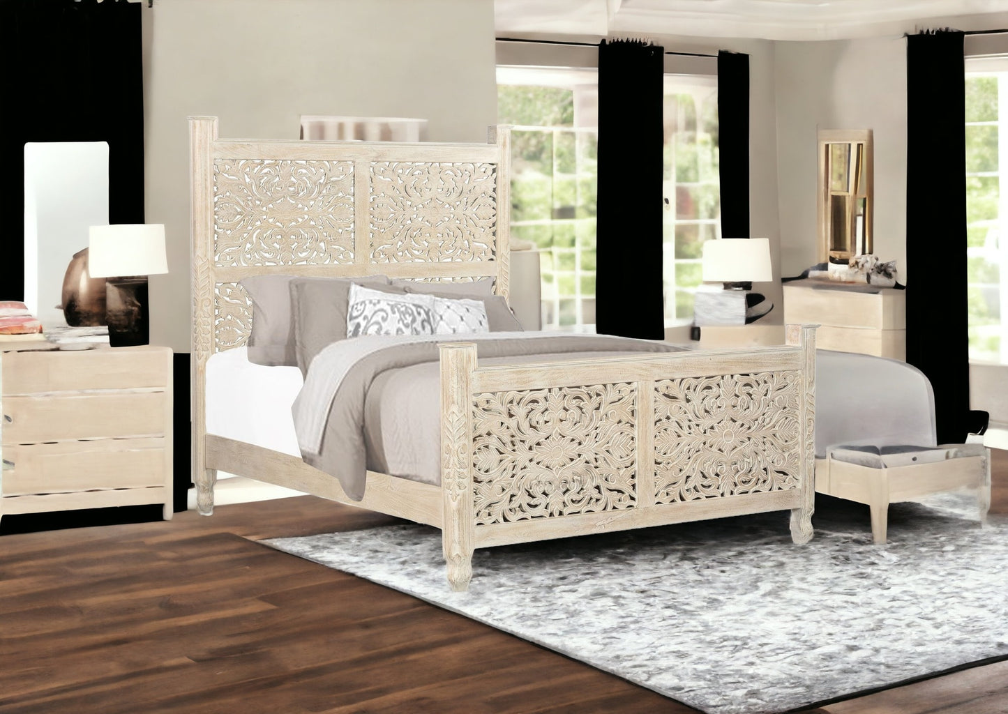 Distressed White Floral Carved Wood Queen Bed