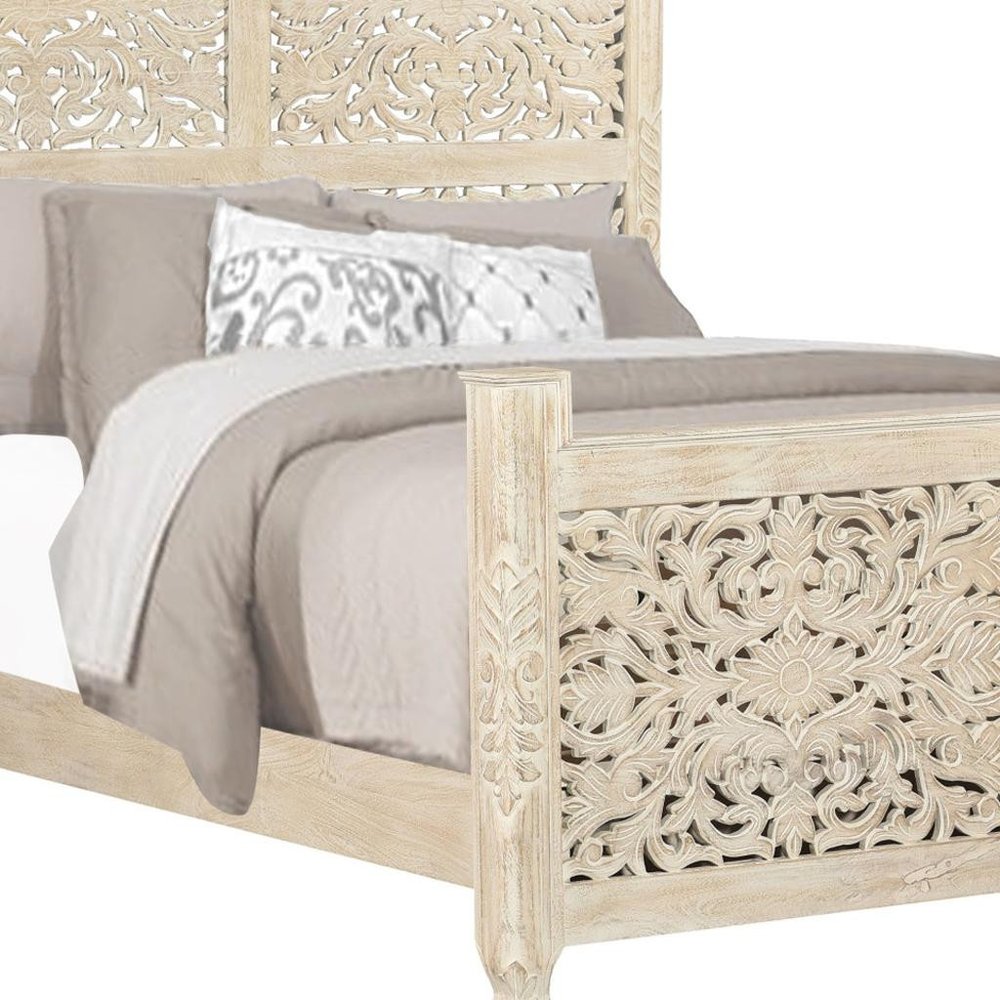 White Carved Floral Distressed Solid Wood Queen Bed Frame
