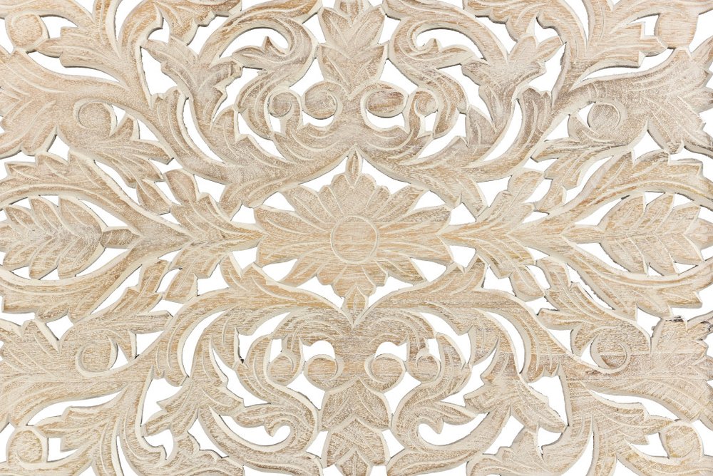 White Carved Floral Distressed Solid Wood Queen Bed Frame