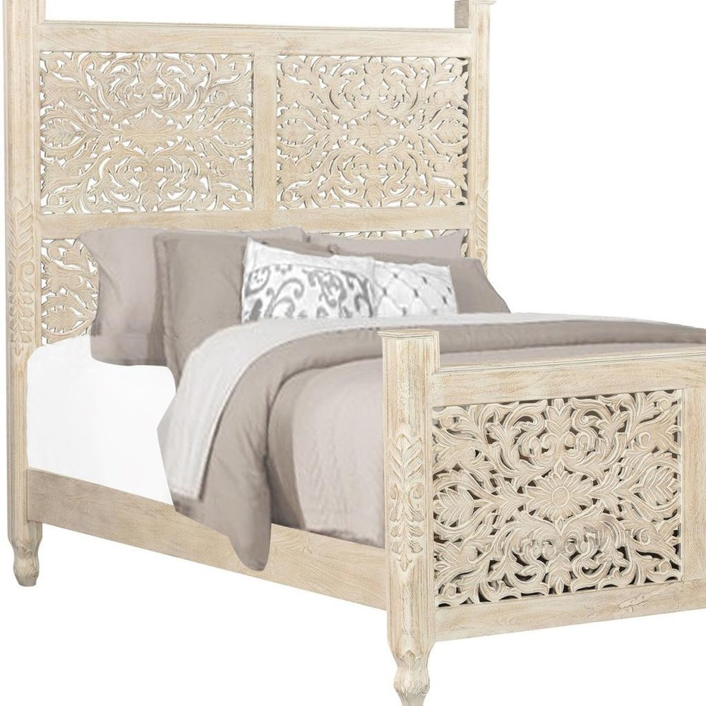 White Carved Floral Distressed Solid Wood Queen Bed Frame