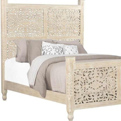 White Carved Floral Distressed Solid Wood Queen Bed Frame