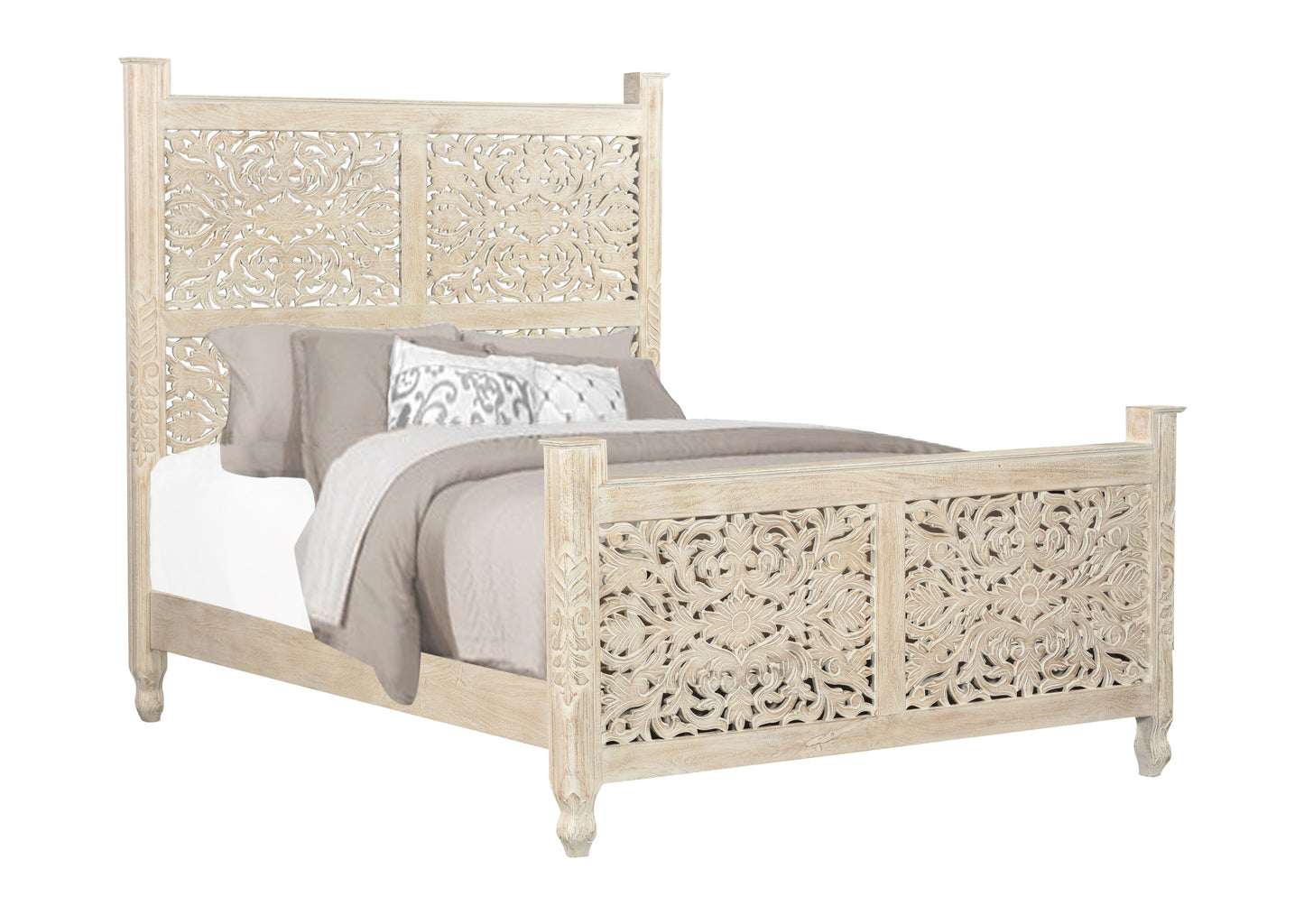 Distressed White Floral Carved Wood Queen Bed